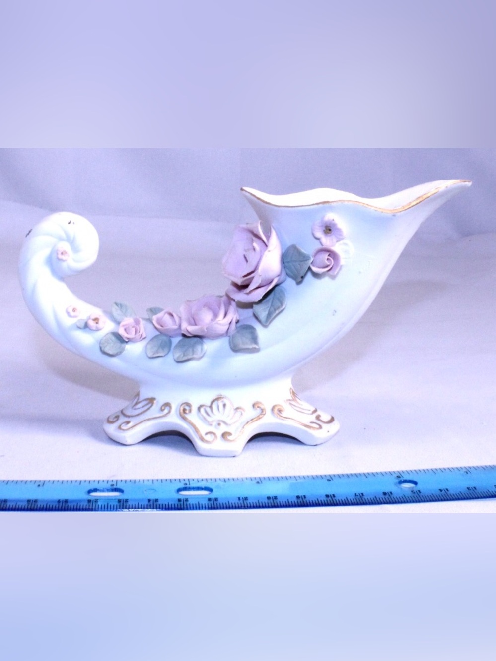 Lefton China Porcelain Cornucopia Vase with Pink Roses